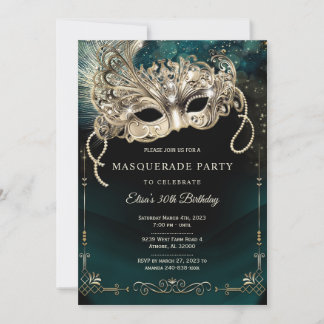 Invitation Soirée de Mascarade Élégante Émeraude Verte et Or