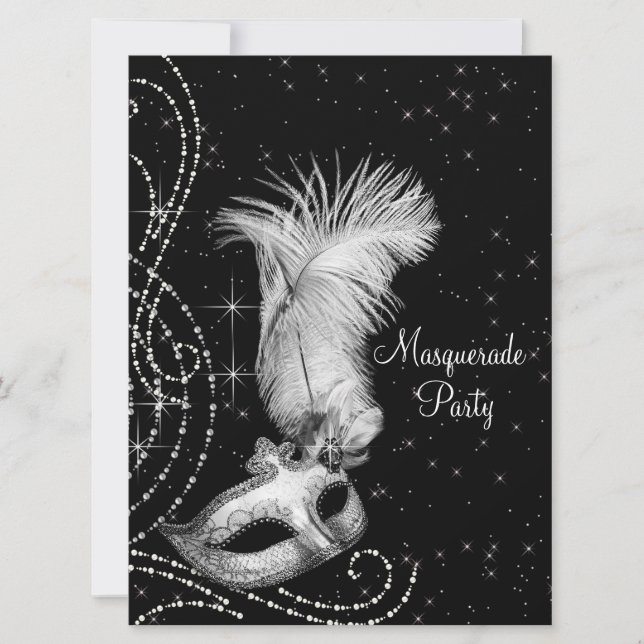 Invitation Soirée de Mascarade Élégante Noir et Blanc (Devant)