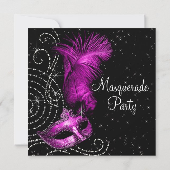 Invitation Soirée de Mascarade Élégante Noir et Rose Chaud (Devant)