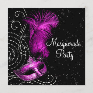 Invitation Soirée de Mascarade Élégante Noir et Rose Chaud