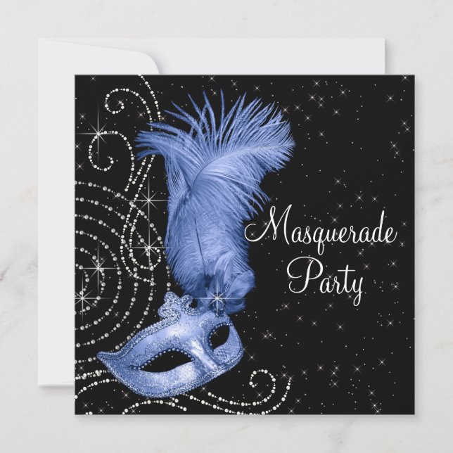 Invitation Soirée de Mascarade Élégante Noire et Bleue (Devant)