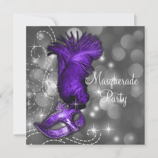 Invitation Soirée de Mascarade Élégante Noire et Violette (Devant)