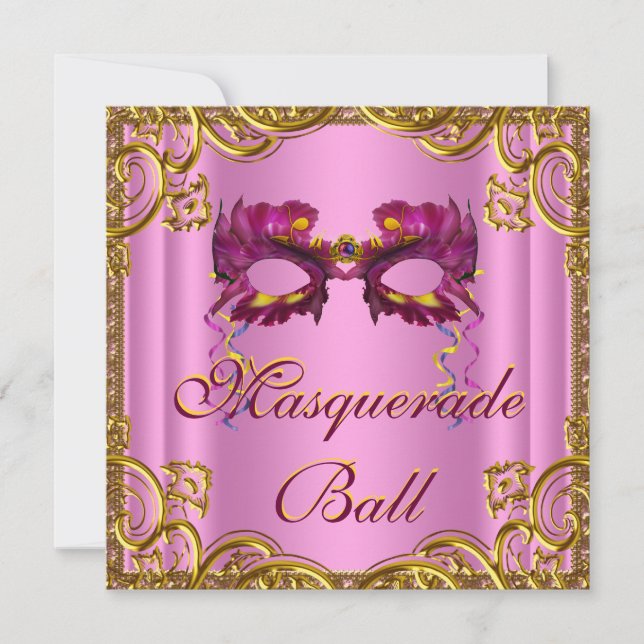 Invitation Soirée de Mascarade Élégante Rose et Or (Devant)