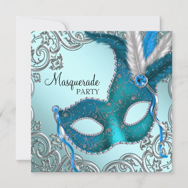 Invitation Soirée de Mascarade Masque Bleu Turquoise et Argen (Devant)