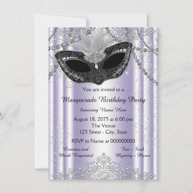 Invitation Soirée de Mascarade Paillettes de Perle Violette e (Devant)