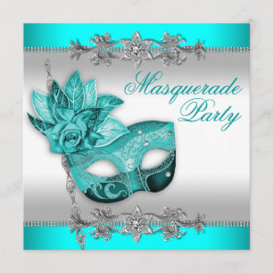 Invitation Soirée de Mascarade Turquoise Bleu Argenté