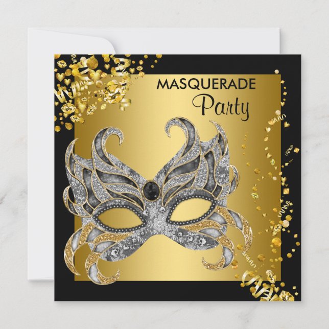 Invitation Soirée de Masque Élégante Argent et Or (Devant)