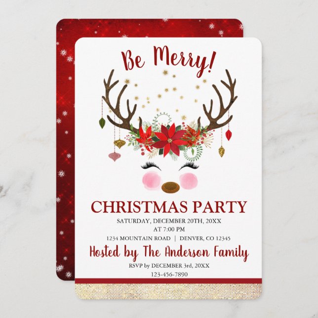 Invitation Soirée de Noël à Reindeer (Devant / Derrière)