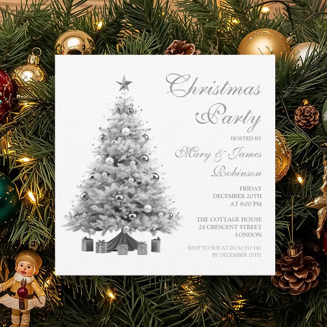 Invitation Soirée de Noël Arbre d'Argent élégant (Elegant Silver Christmas Tree Holiday Party Invitation)