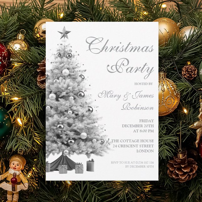 Invitation Soirée de Noël Arbre d'Argent élégant (Elegant Silver Christmas Tree Holiday Party Invitation)