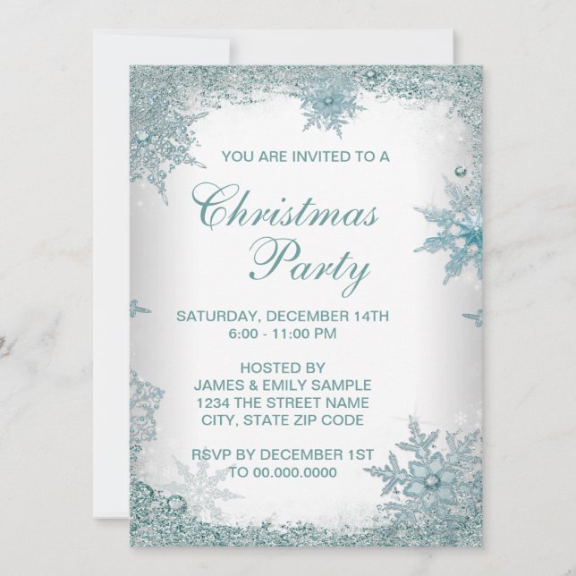 Invitation Soirée de Noël au flocon de neige bleu sarcelle él (Devant)