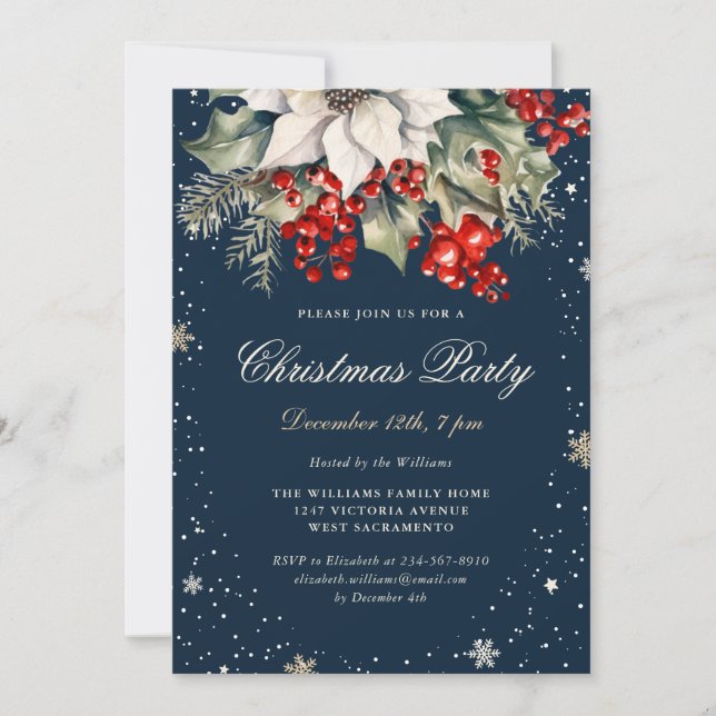 Invitation Soirée de Noël aux baies Bleues Élégantes (Devant)