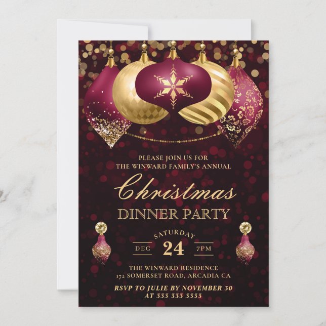 Invitation Soirée de Noël aux Baubles Bourguignon et Or (Devant)