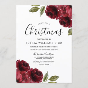 Invitation Soirée de Noël aux Fleurs rouges bordeaux élégante
