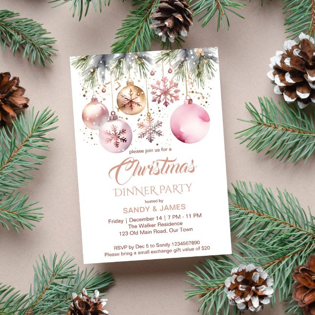 Invitation Soirée de Noël boho aquarelle métallique (Boho Christmas party template invitation instant download metallic rose gold baubles snowflakes pine)