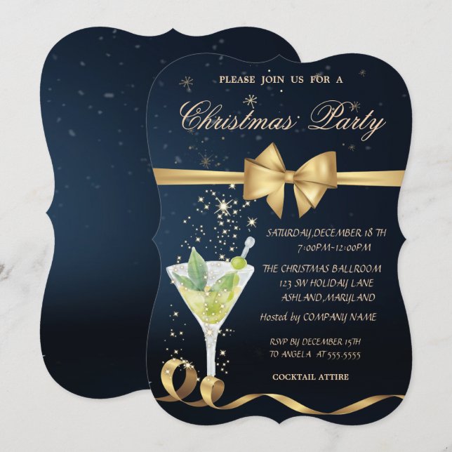 Invitation Soirée de Noël Champagne, Coupes Dorées (Devant / Derrière)