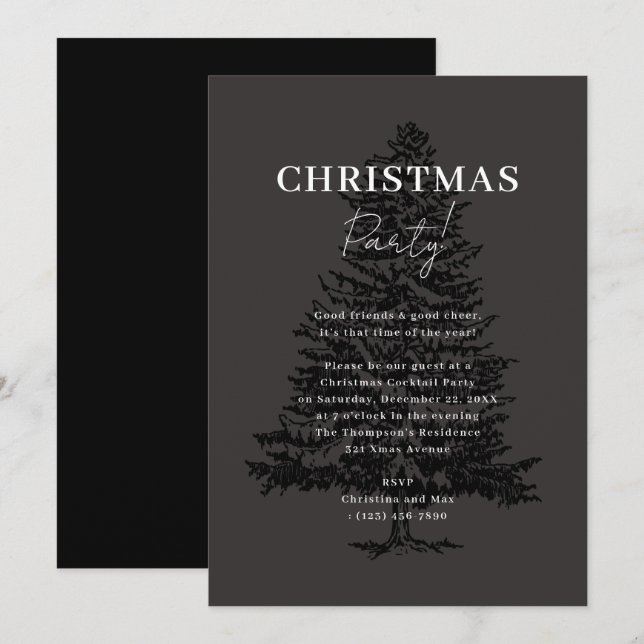 Invitation Soirée de Noël dans l'Arbre Noir élégant (Devant / Derrière)