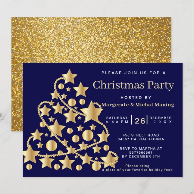 Invitation Soirée de Noël dans l'arbre traditionnel doré (Devant / Derrière)