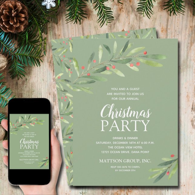 Invitation Soirée de Noël dans un cadre verdoyant (Elegant Greenery Christmas Holiday Invitations - INSTANT DOWNLOAD and/or PRINTED)