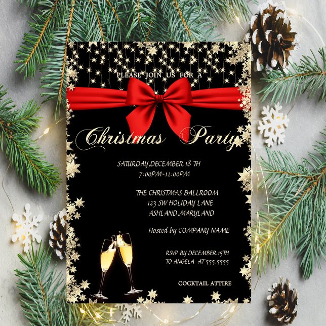 Invitation Soirée de Noël de la société Elegant, Bow, Glass,  (Créateur téléchargé)