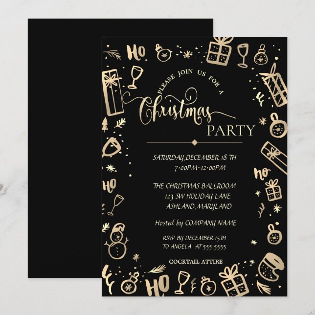 Invitation Soirée de Noël de la société Élégant Or Noir (Devant / Derrière)