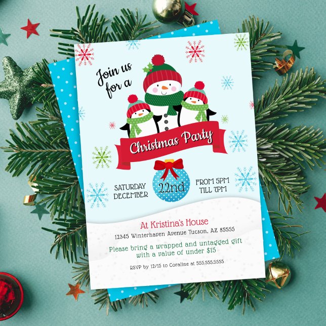 Invitation Soirée de Noël de l'Ornement de Pingouin (cute penguin and snowman theme christmas party invitation with ornament and snowflakes)