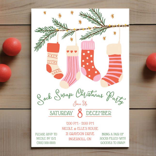 Invitation Soirée de Noël d'échange de chaussettes, Fête de f (Créateur téléchargé)