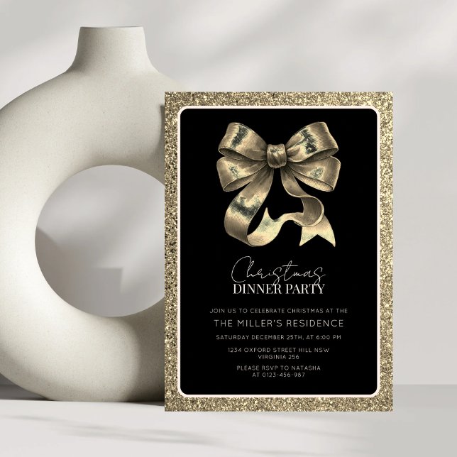 Invitation Soirée de Noël Elegant Black and Gold Bow (Créateur téléchargé)