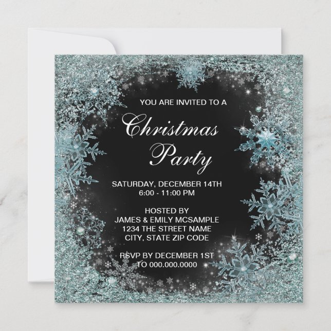 Invitation Soirée de Noël Elegant Black Turquoise Blue Snowfl (Devant)