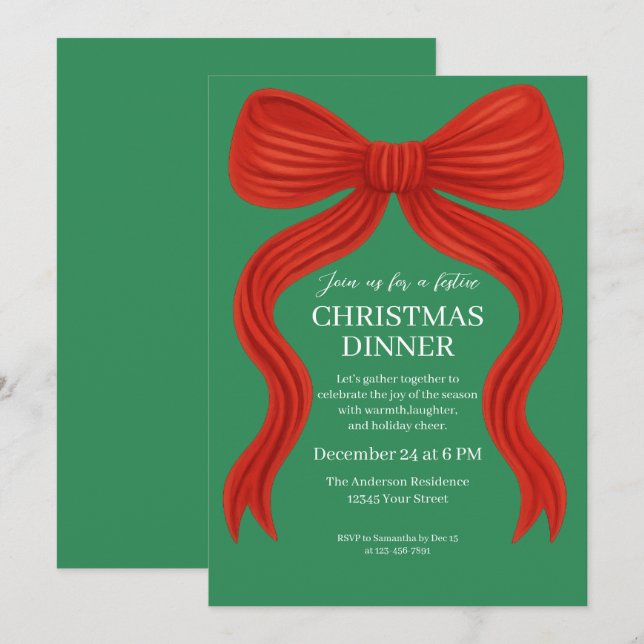 Invitation Soirée de Noël Elegant Bow Rouge - (Devant / Derrière)