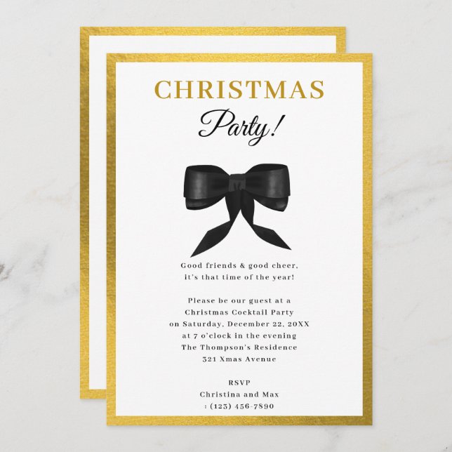 Invitation Soirée de Noël Elegant Classy Gold Black Bow (Devant / Derrière)