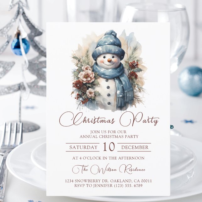 Invitation Soirée de Noël Elegant Floral Snowman (Créateur téléchargé)