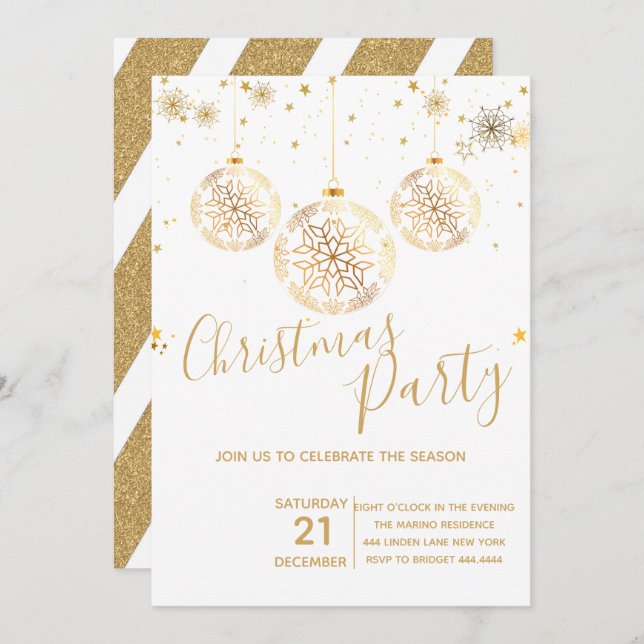Invitation Soirée de Noël Elegant Gold Parties scintillant (Devant / Derrière)