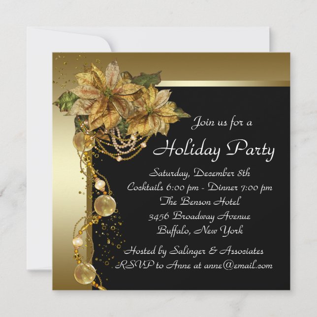 Invitation Soirée de Noël Elegant Gold Poinsettia (Devant)