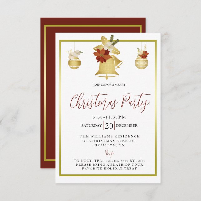 Invitation Soirée de Noël Elegant Gold & Red Festive (Devant / Derrière)