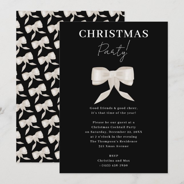 Invitation Soirée de Noël Elegant Noir Blanc Bow (Devant / Derrière)