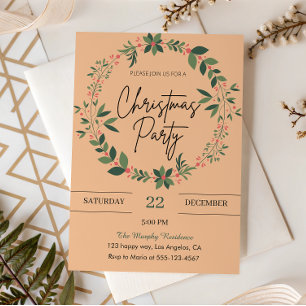 Invitation Soirée de Noël Elegant Peach Wreath