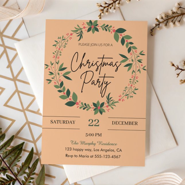 Invitation Soirée de Noël Elegant Peach Wreath (Créateur téléchargé)