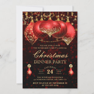Invitation Soirée de Noël Elegant Red & Gold Baubles