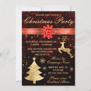 Invitation Soirée de Noël Elegant Red & Gold Foil Ribbon