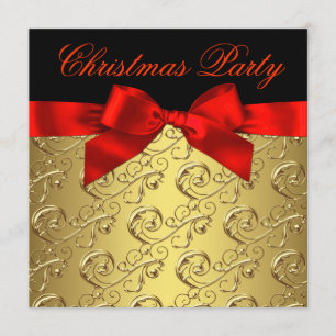 Invitation Soirée de Noël Elegant Red Gold Swirl Bow