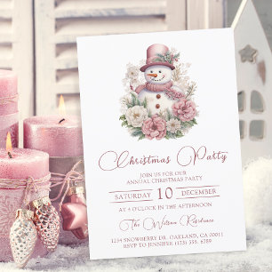 Invitation Soirée de Noël Elegant Rose Floral Snowman