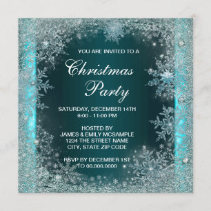 Invitation Soirée de Noël Elegant Turquoise Blue Snowflake