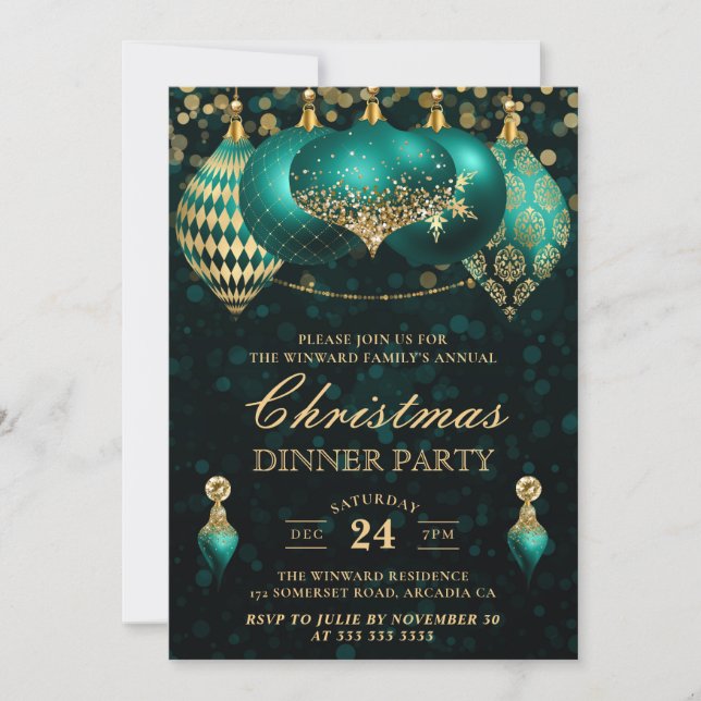 Invitation Soirée de Noël Elegant Turquoise & Gold Baubles (Devant)