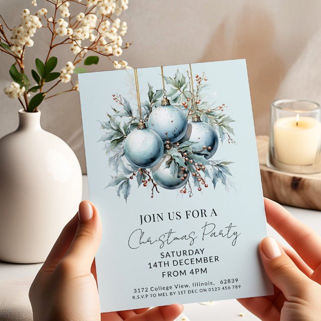 Invitation Soirée de Noël élégante Bauble Bleu (Créateur téléchargé)