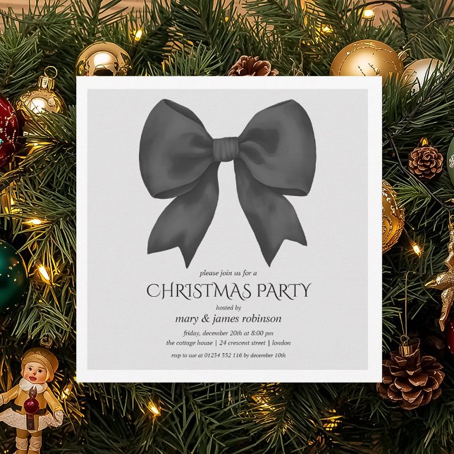 Invitation Soirée de Noël Elégante Black Bow (Elegant Black Bow Christmas Holiday Party Invitation)
