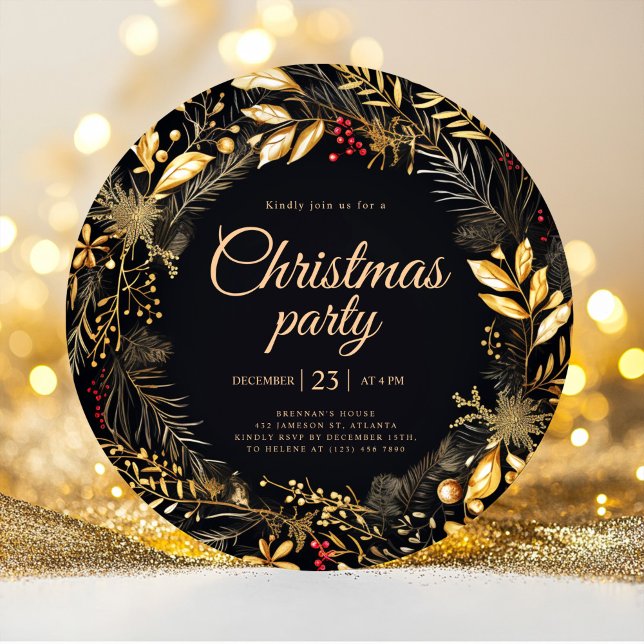 Invitation Soirée de Noël élégante Black Gold (Stylish Black Gold Elegant Christmas Holiday Party Invitation)