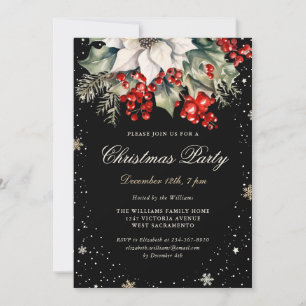 Invitation Soirée de Noël Elégante Black Poinsettia Berries