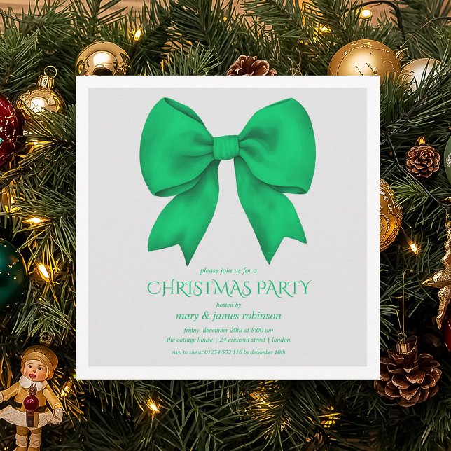 Invitation Soirée de Noël Elégante Bow Green (Elegant Green Bow Christmas Holiday Party Invitation)