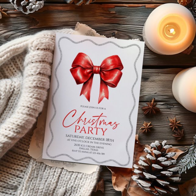 Invitation Soirée de Noël Elégante Bow Rouge (Créateur téléchargé)